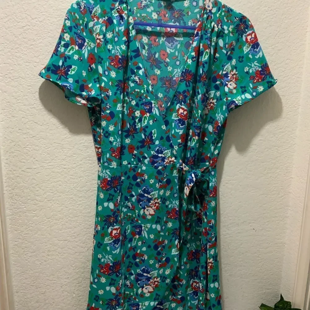 J CREW Teal Green Floral Print Crepe Wrap Dress sz 4
